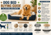 Dog bed buying guide image showing a happy dog on a comfortable bed with tips for size, material, comfort and durability.