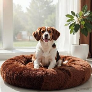 Wow Dog Calming Donut Bed for Medium Dogs & Cats – 26"x26"x6" | Ultra-Soft Brown Faux Fur | Anti-Anxiety Pet Bed for Cozy Deep Sleep