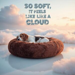 Wow Dog Calming Donut Bed for Medium Dogs & Cats – 26"x26"x6" | Ultra-Soft Brown Faux Fur | Anti-Anxiety Pet Bed for Cozy Deep Sleep