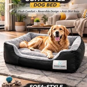 Reversible Sofa Style Dog Bed – XL (76 x 61 x 22 cm) – Plush Fur Surface, Removable Cushion & Anti-Skid Base – Black & Grey