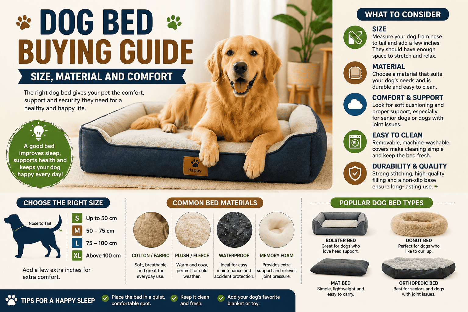 Dog bed buying guide image showing a happy dog on a comfortable bed with tips for size, material, comfort and durability.