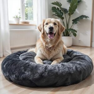 Wow Dog Calming Donut Bed for Large Size Dogs & Cats – 32"x32"x7" | Ultra-Soft Blue Gray Color Faux Fur | Anti-Anxiety Comfy Pet Bed for Cozy Deep Sleep