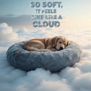 Wow Dog Calming Donut Bed for Large Size Dogs & Cats – 32"x32"x7" | Ultra-Soft Blue Gray Color Faux Fur | Anti-Anxiety Comfy Pet Bed for Cozy Deep Sleep