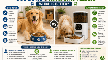 Dog bowl vs automatic feeder comparison showing feeding benefits, portion control, cleaning, schedule, and healthy dog feeding tips.