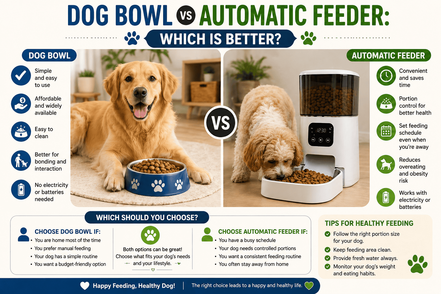 Dog bowl vs automatic feeder comparison showing feeding benefits, portion control, cleaning, schedule, and healthy dog feeding tips.