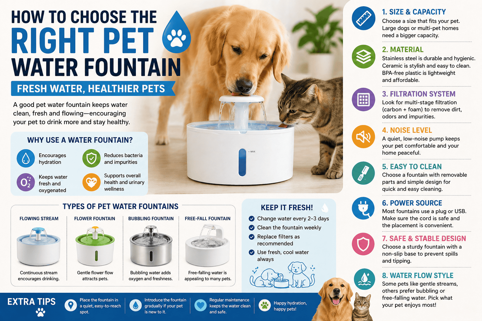 Dog and cat drinking from a pet water fountain with tips for size, material, filtration, noise level and cleaning.