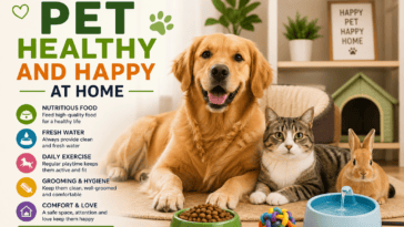 Happy pets at home with dog, cat and rabbit showing pet care tips for food, water, exercise, grooming and comfort.