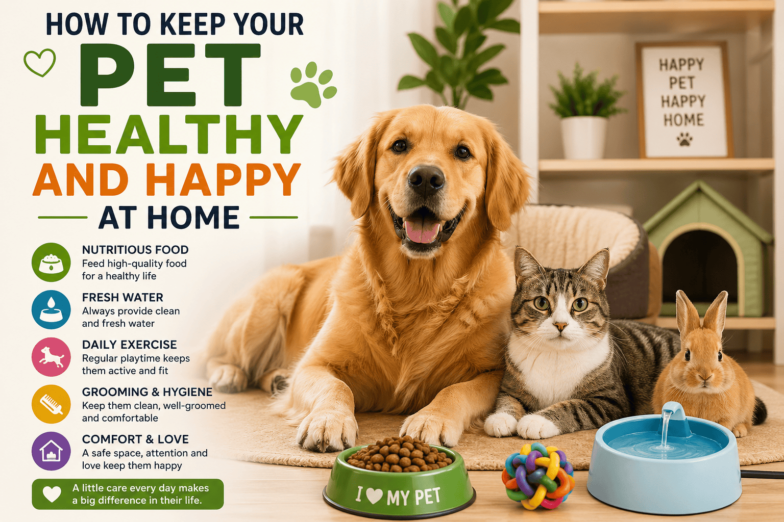 Happy pets at home with dog, cat and rabbit showing pet care tips for food, water, exercise, grooming and comfort.